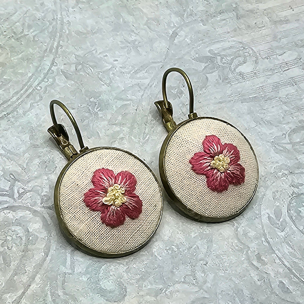 Pink/Yellow Flower Earrings - Brass - Hand Embroidery