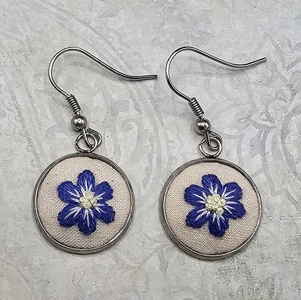 Flower Earrings - Purple/Yellow - Silver - Hand Embroidery