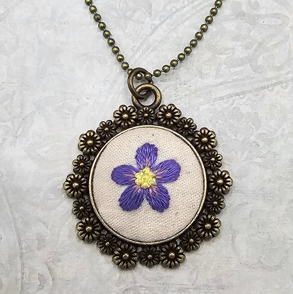 Purple/Yellow Flower Necklace - Brass - Hand Embroidery