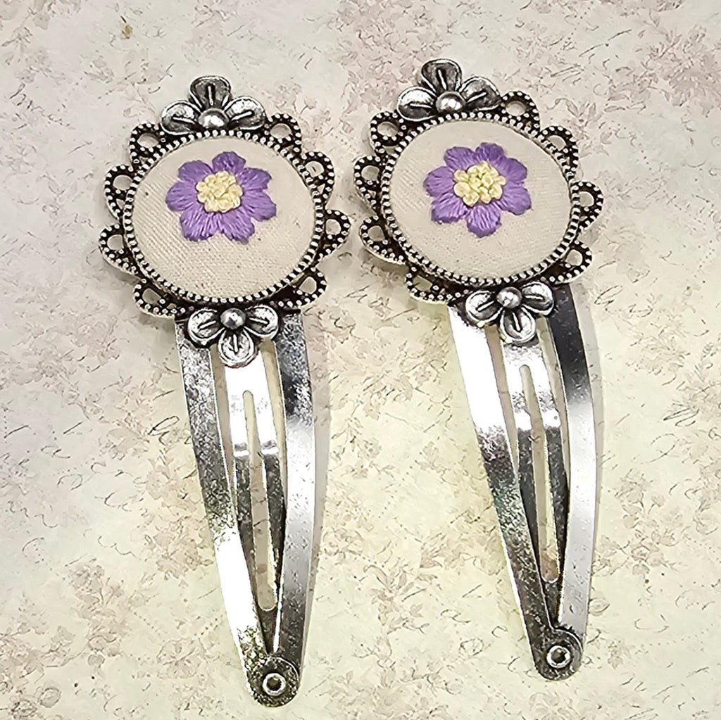 Flower Barrettes - Lavender/Yellow - Silver - Hand Embroidery