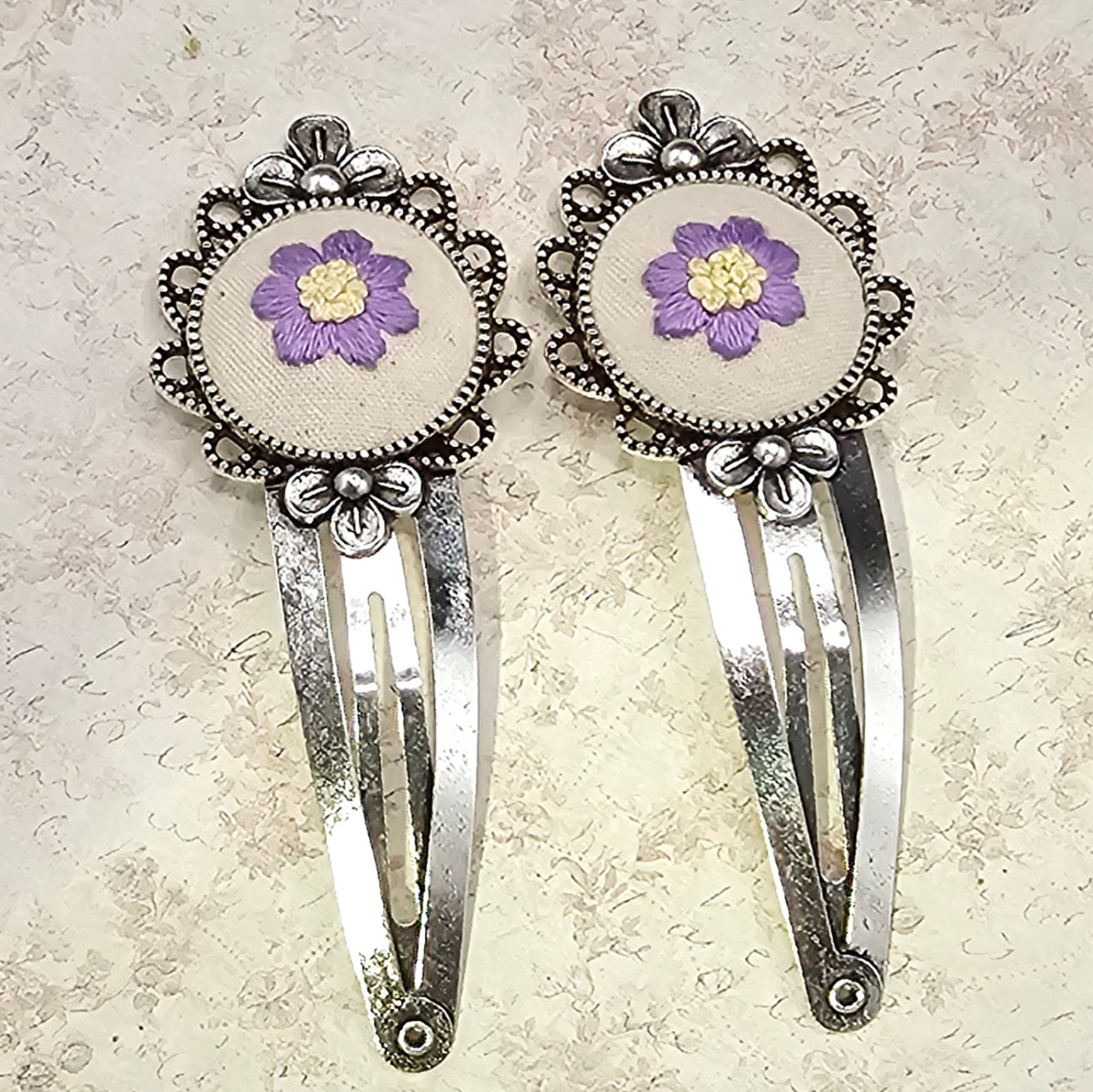 Flower Barrettes - Lavender/Yellow - Silver - Hand Embroidery