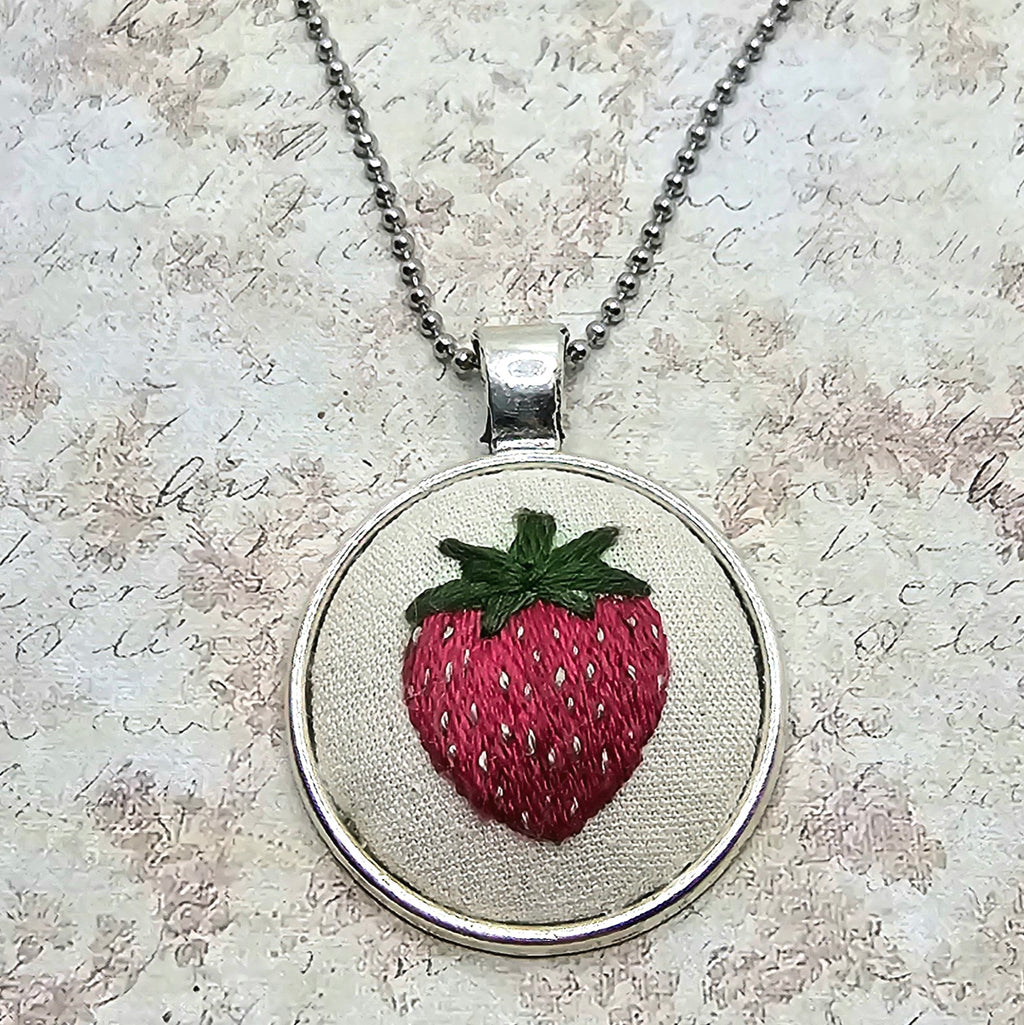 Strawberry Necklace - Silver - Hand Embroidery