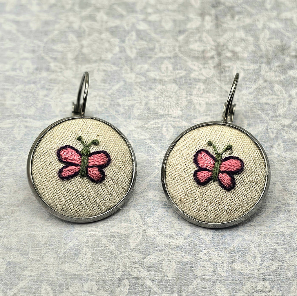 Butterfly Earrings Purple/Pink - Silver - Hand Embroidery