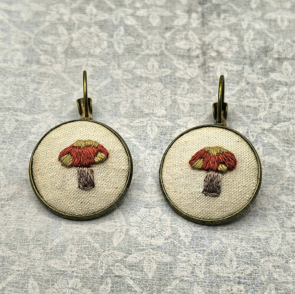 Mushroom Earrings - Brass - Hand Embroidery