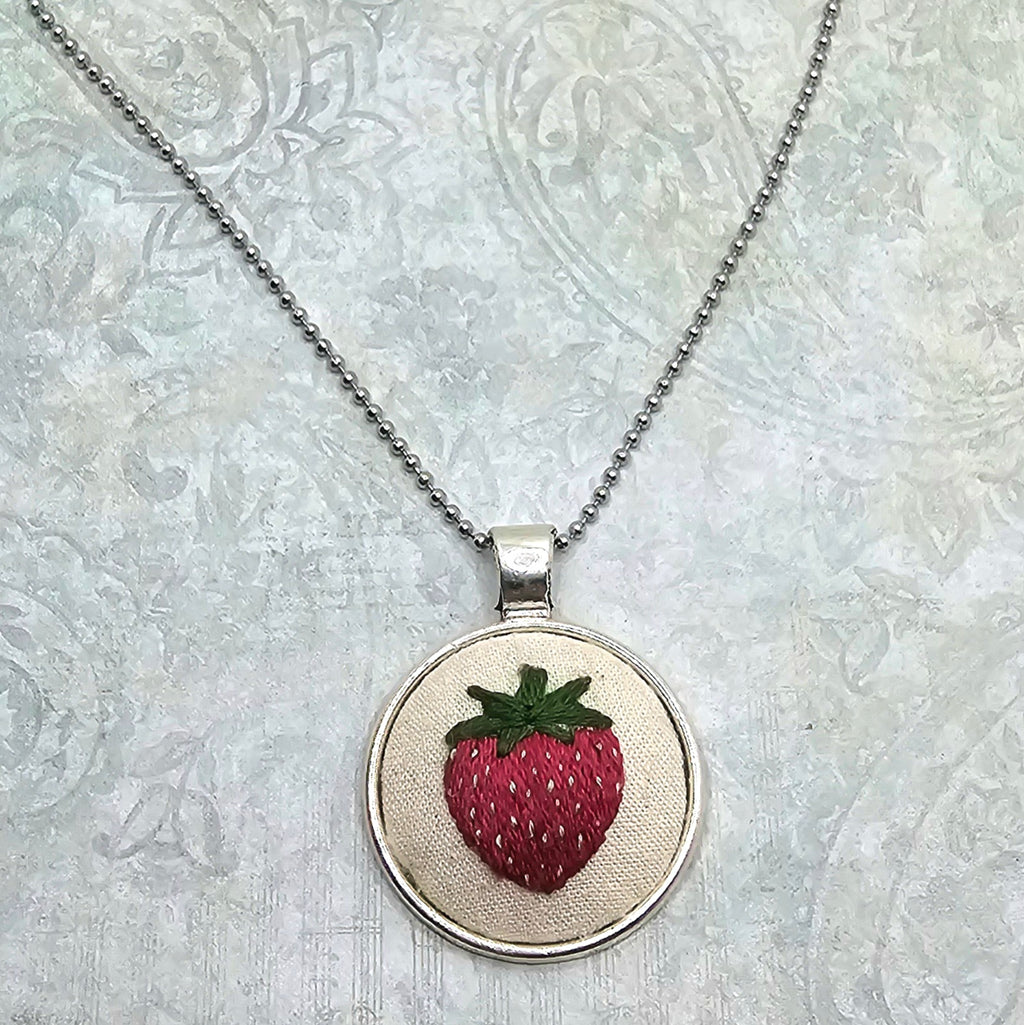 Strawberry Necklace - Silver - Hand Embroidery