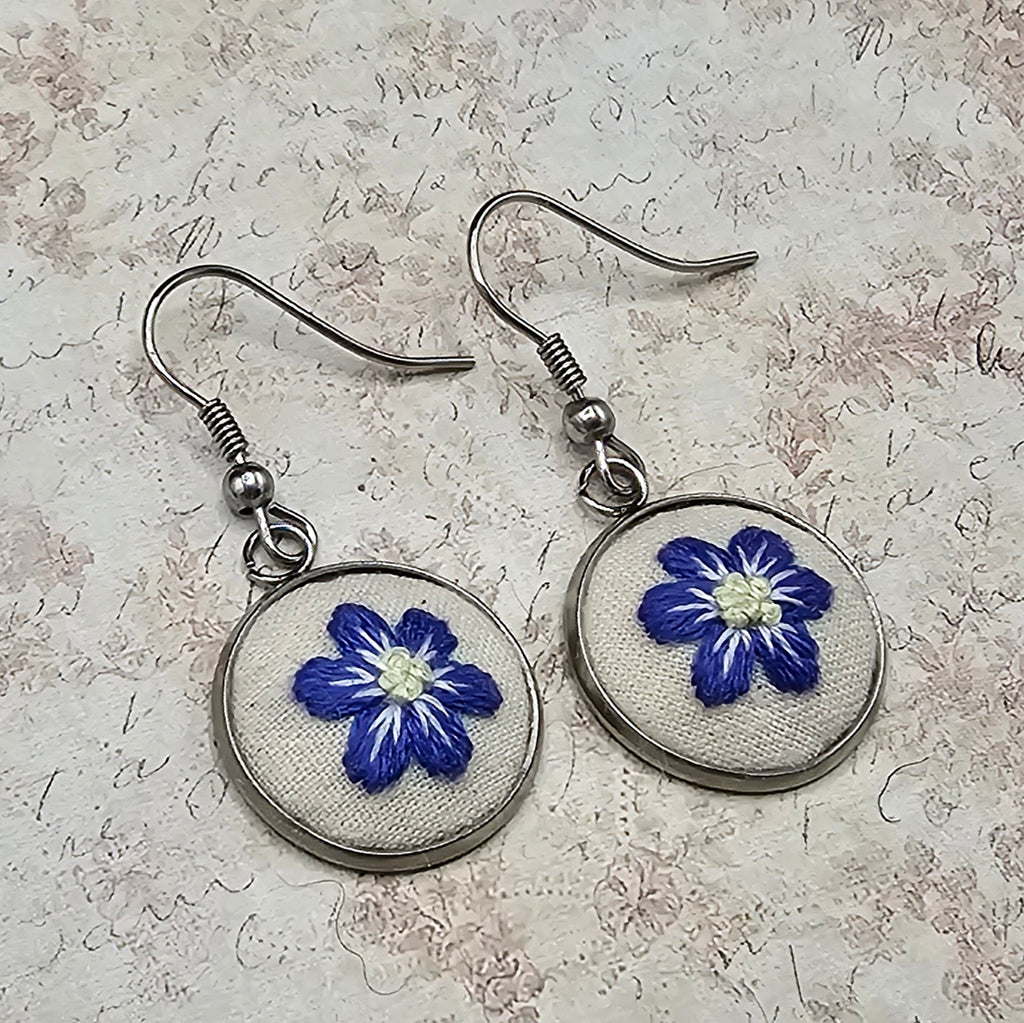 Flower Earrings - Purple/Yellow - Silver - Hand Embroidery