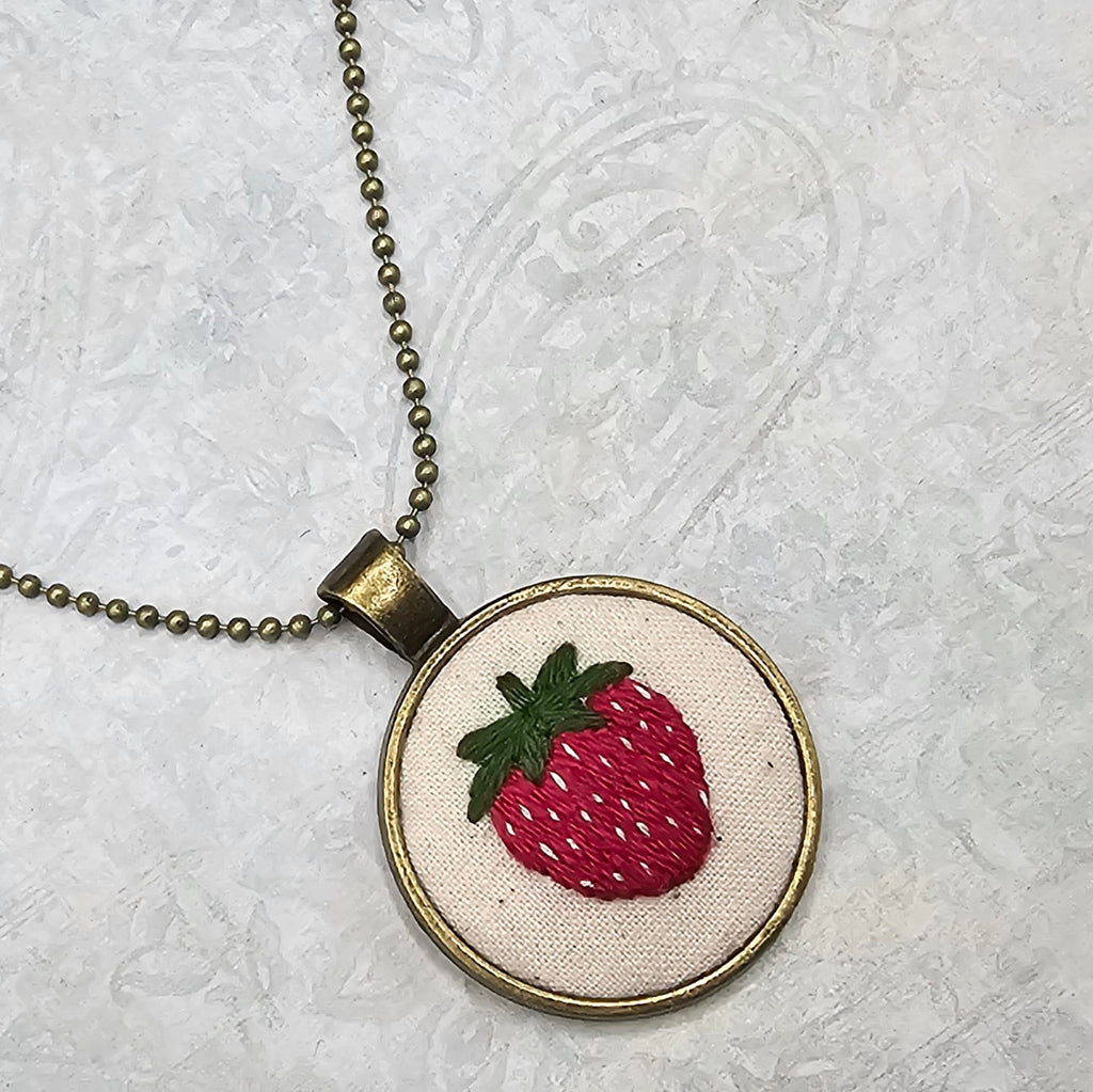 Strawberry Necklace - Brass - Hand Embroidery