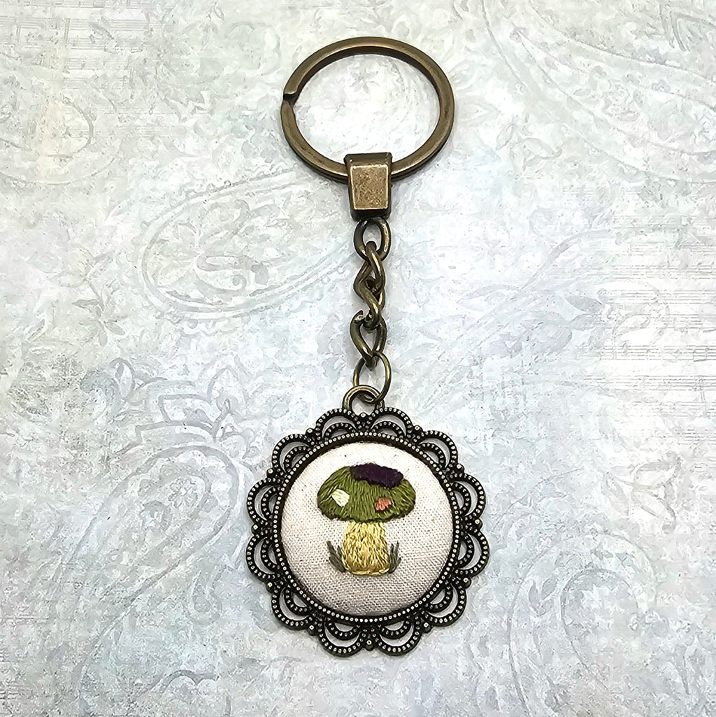 Mushroom Keychain - Brass - Hand Embroidery