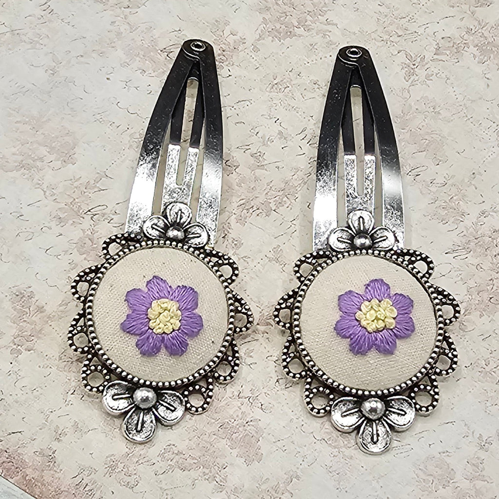 Flower Barrettes - Lavender/Yellow - Silver - Hand Embroidery