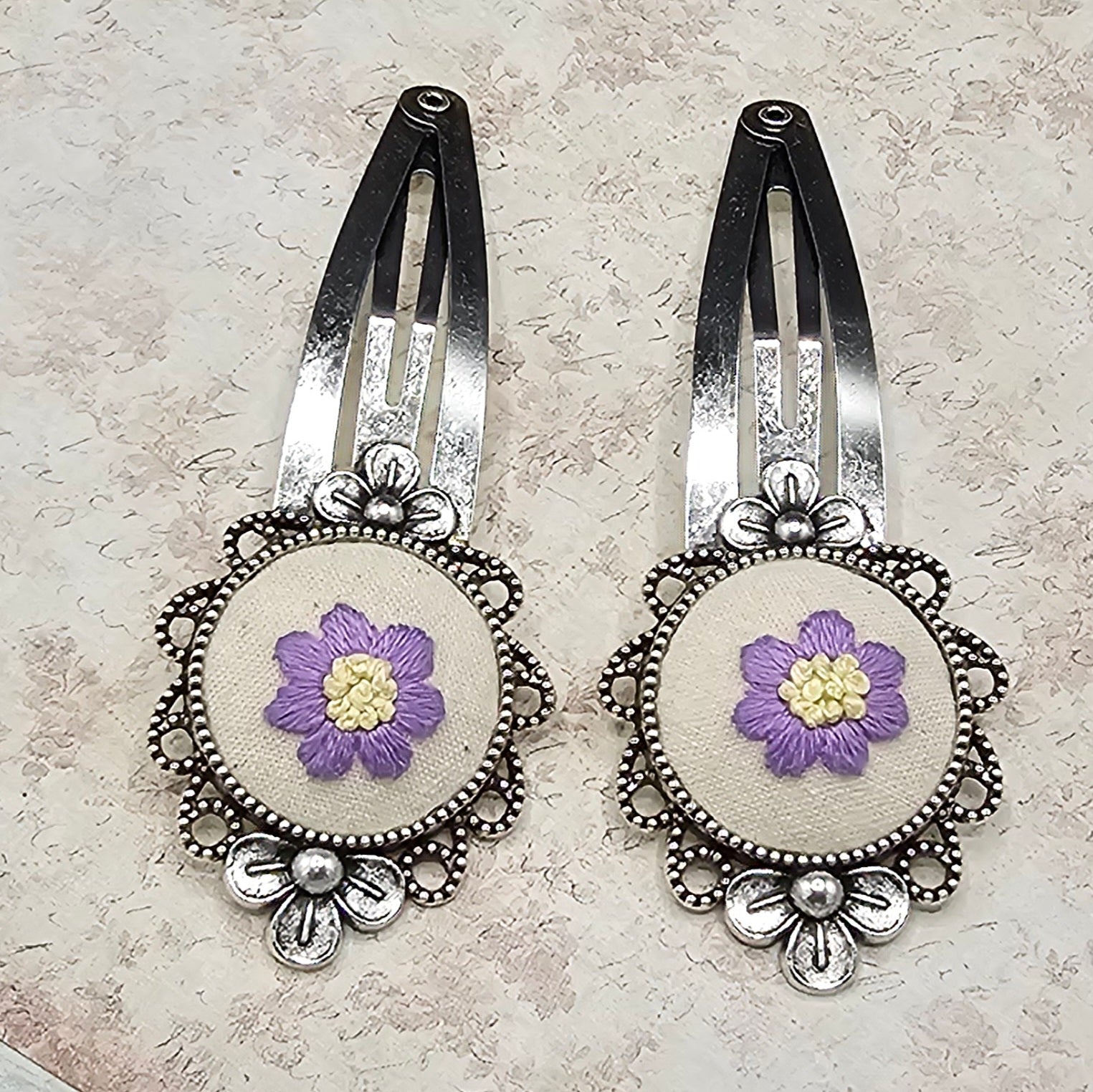 Flower Barrettes - Lavender/Yellow - Silver - Hand Embroidery
