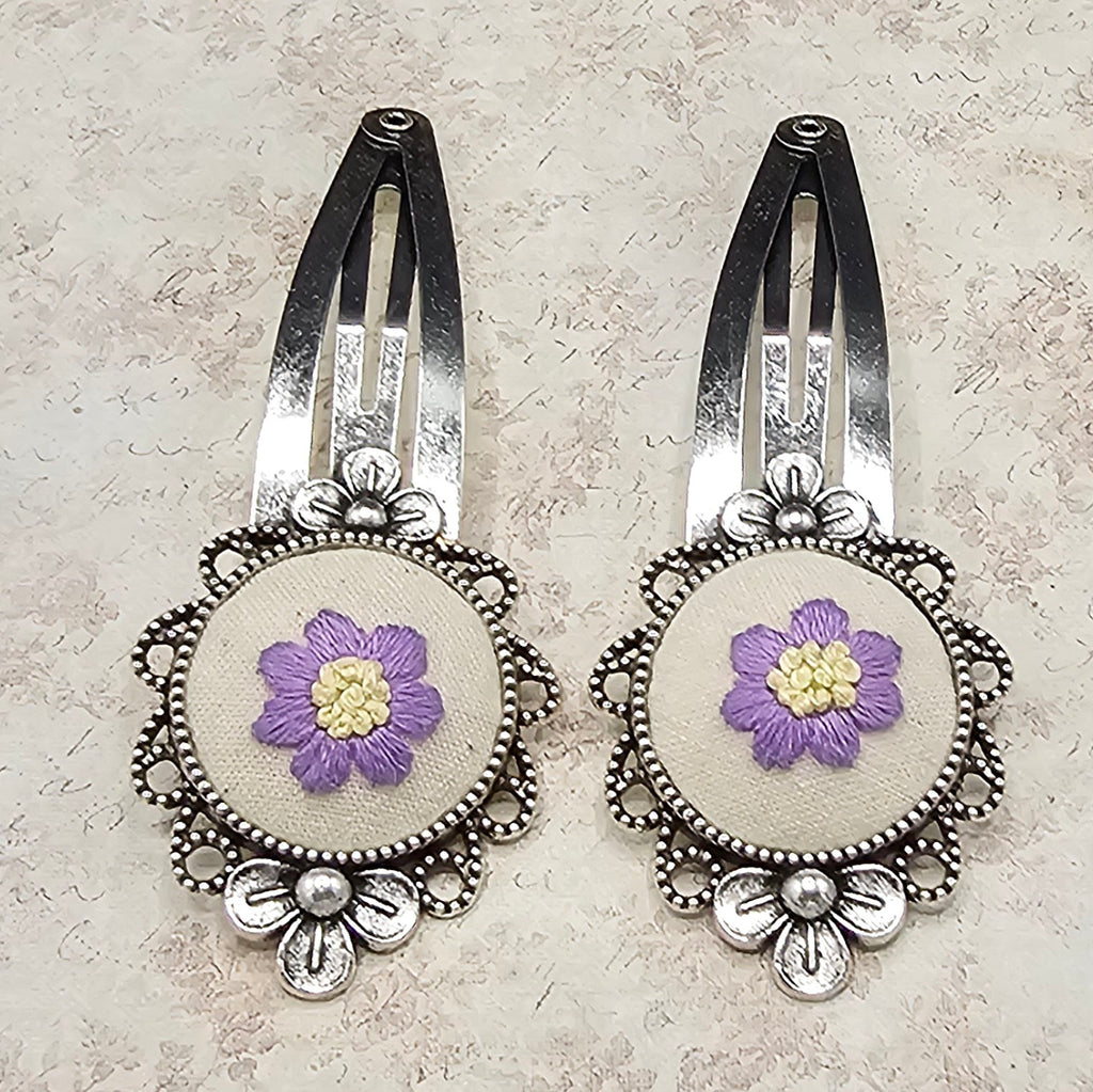 Flower Barrettes - Lavender/Yellow - Silver - Hand Embroidery