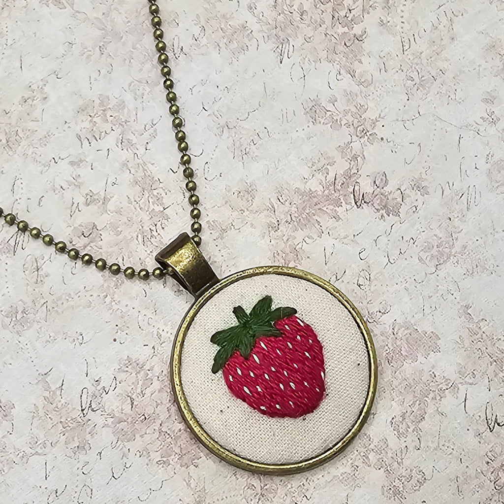 Strawberry Necklace - Brass - Hand Embroidery