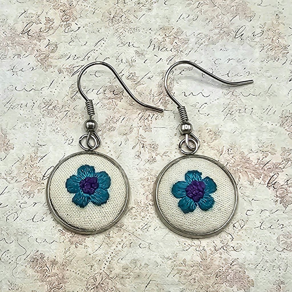 Flower Earrings - Teal/Purple - Silver - Hand Embroidery