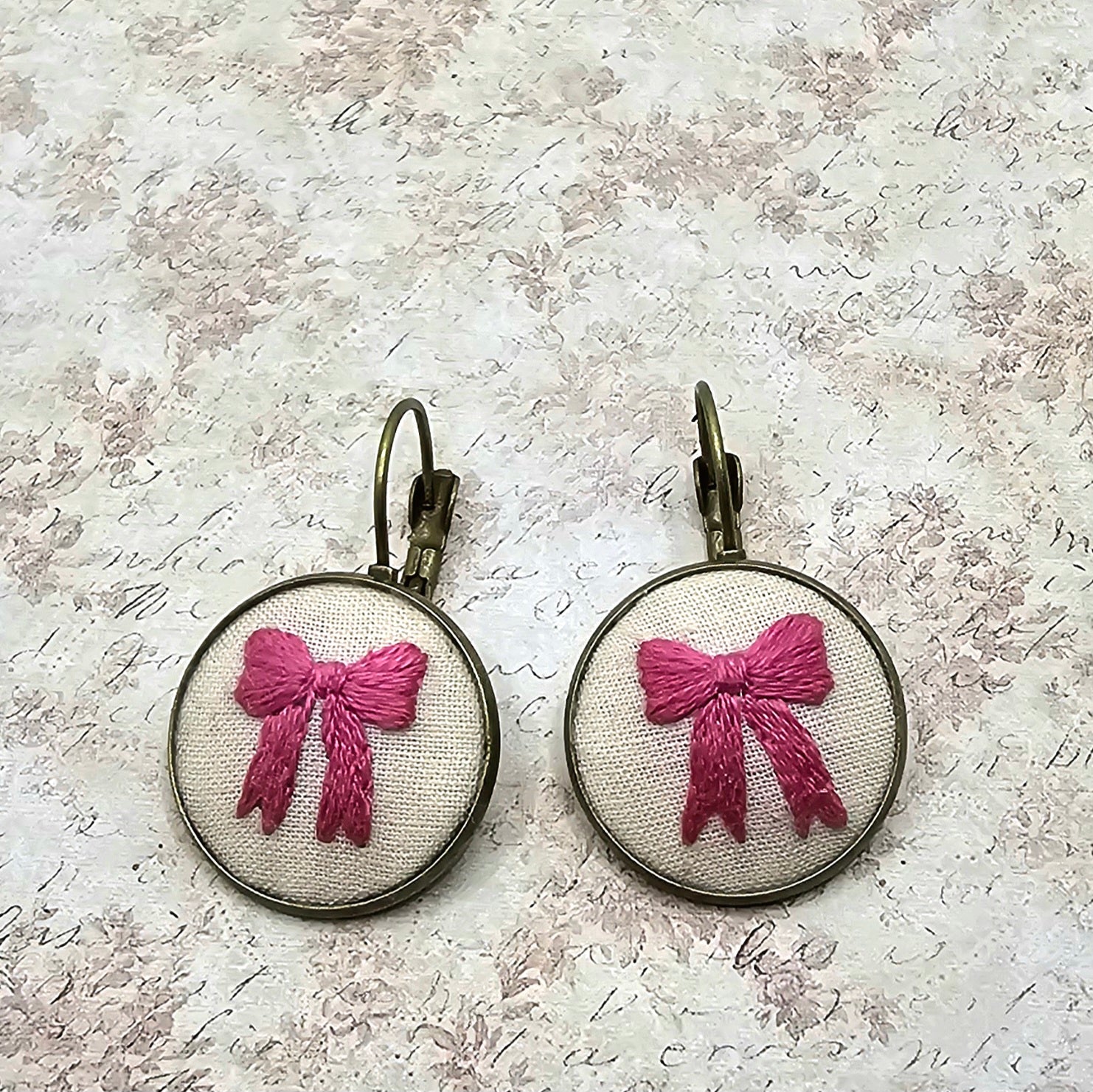 Pink Bow - Brass - Earrings - Hand Embroidery