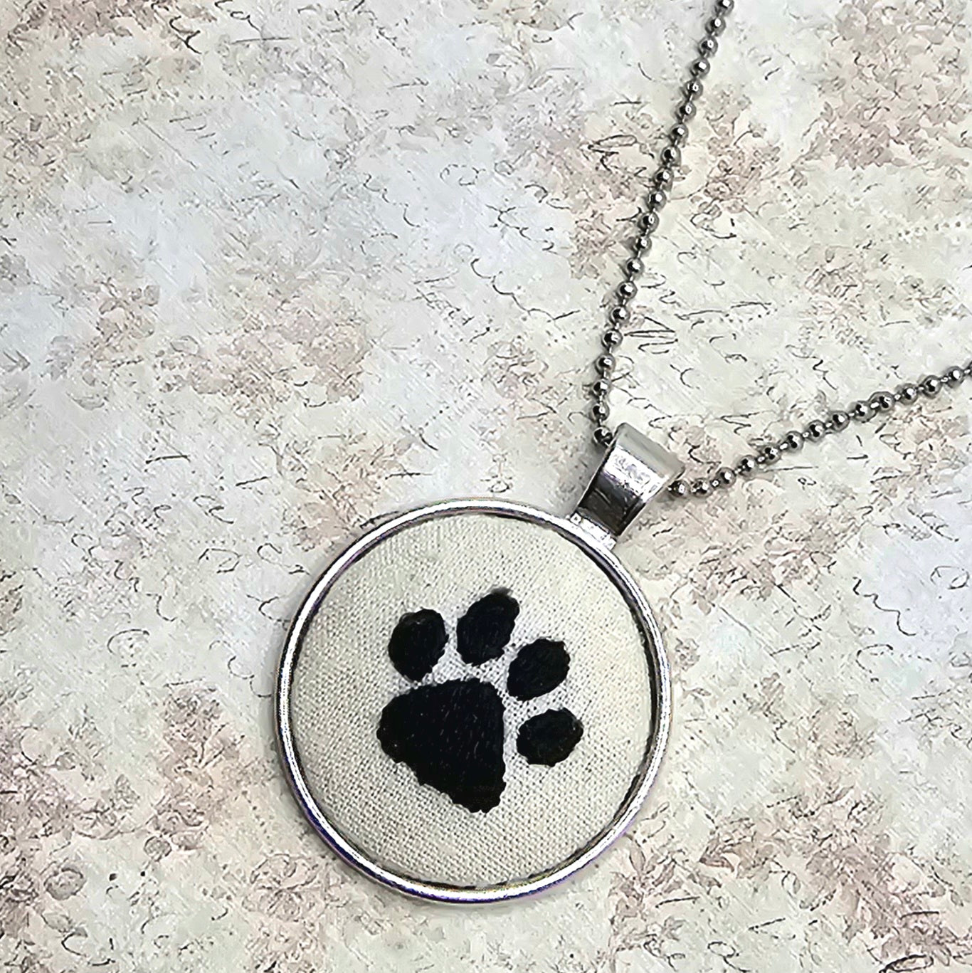 Paw Print Necklace - Silver - Hand Embroidery