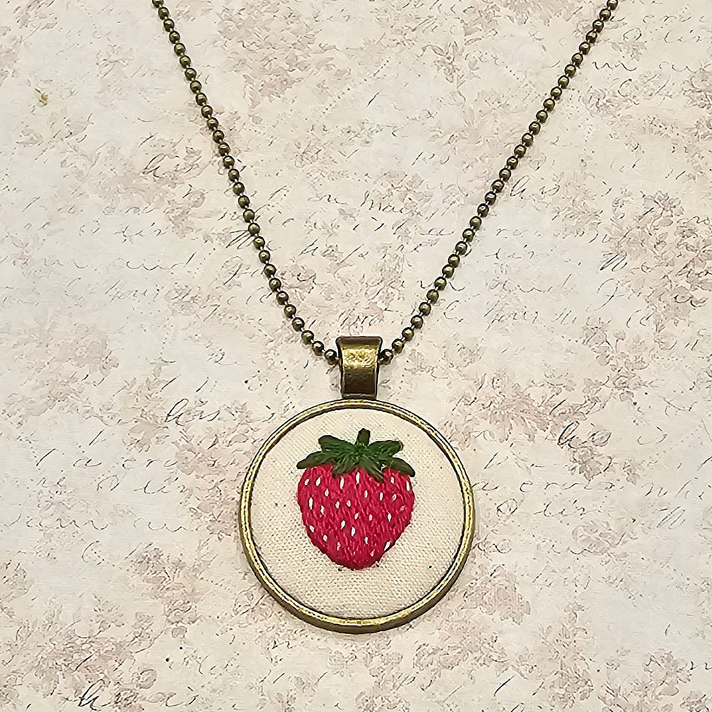 Strawberry Necklace - Brass - Hand Embroidery