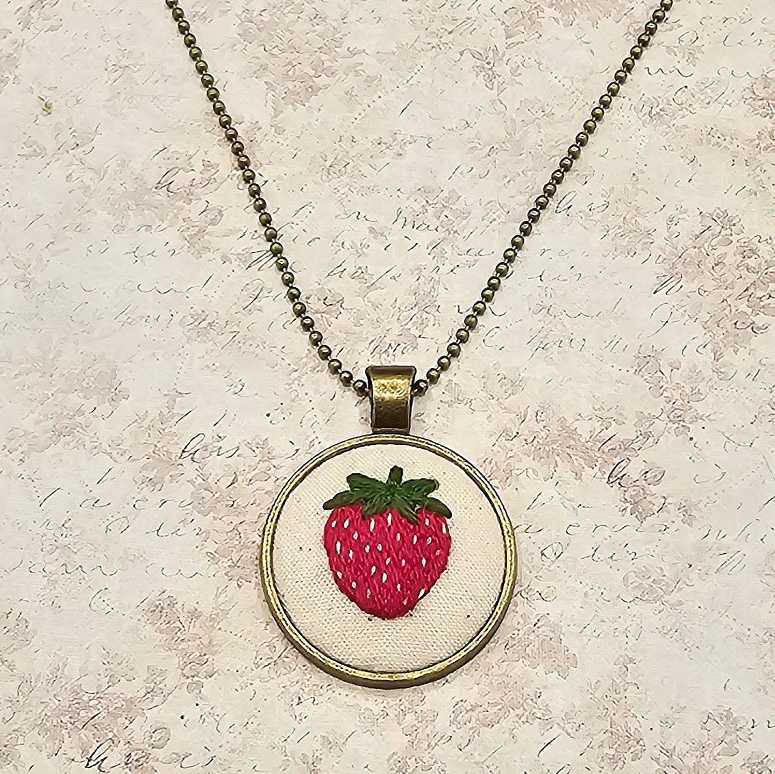 Strawberry Necklace - Brass - Hand Embroidery