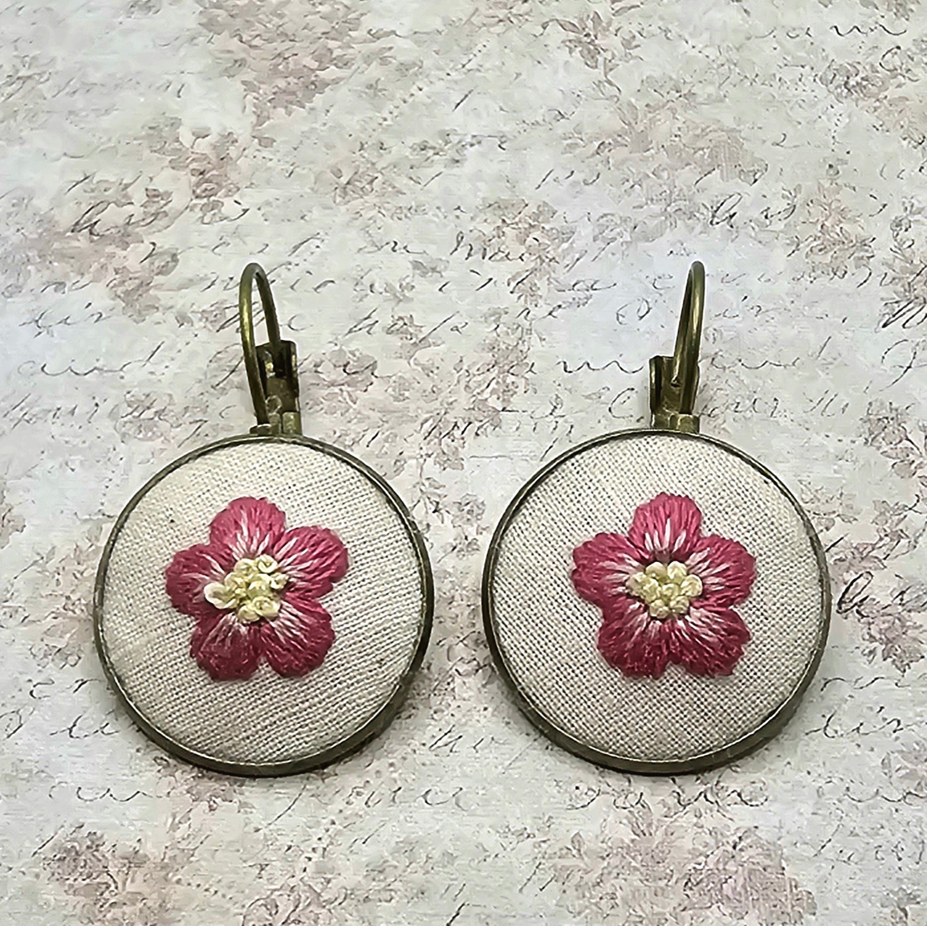 Pink/Yellow Flower Earrings - Brass - Hand Embroidery