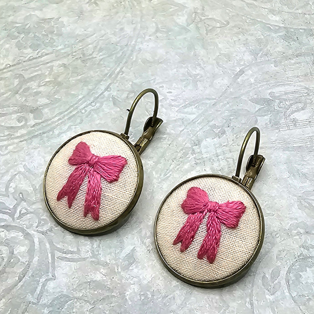 Pink Bow - Brass - Earrings - Hand Embroidery