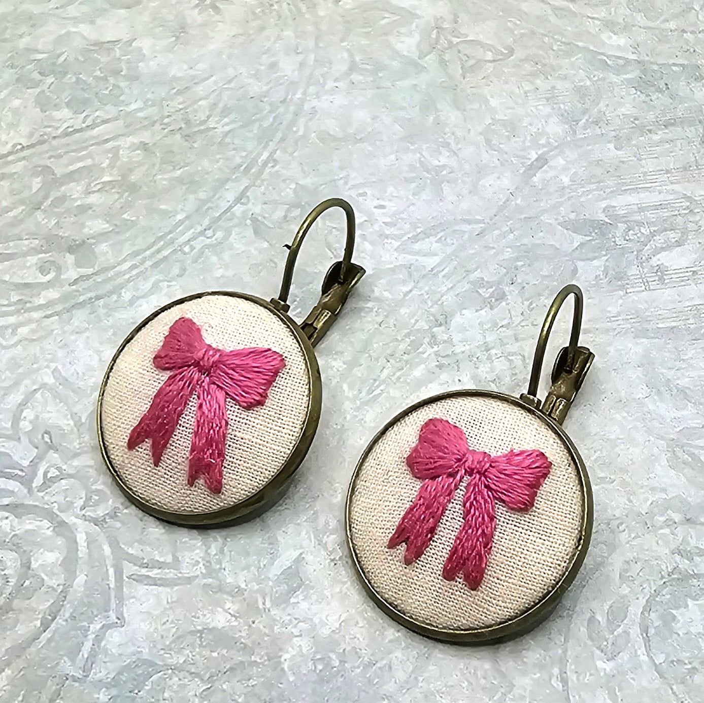 Pink Bow - Brass - Earrings - Hand Embroidery