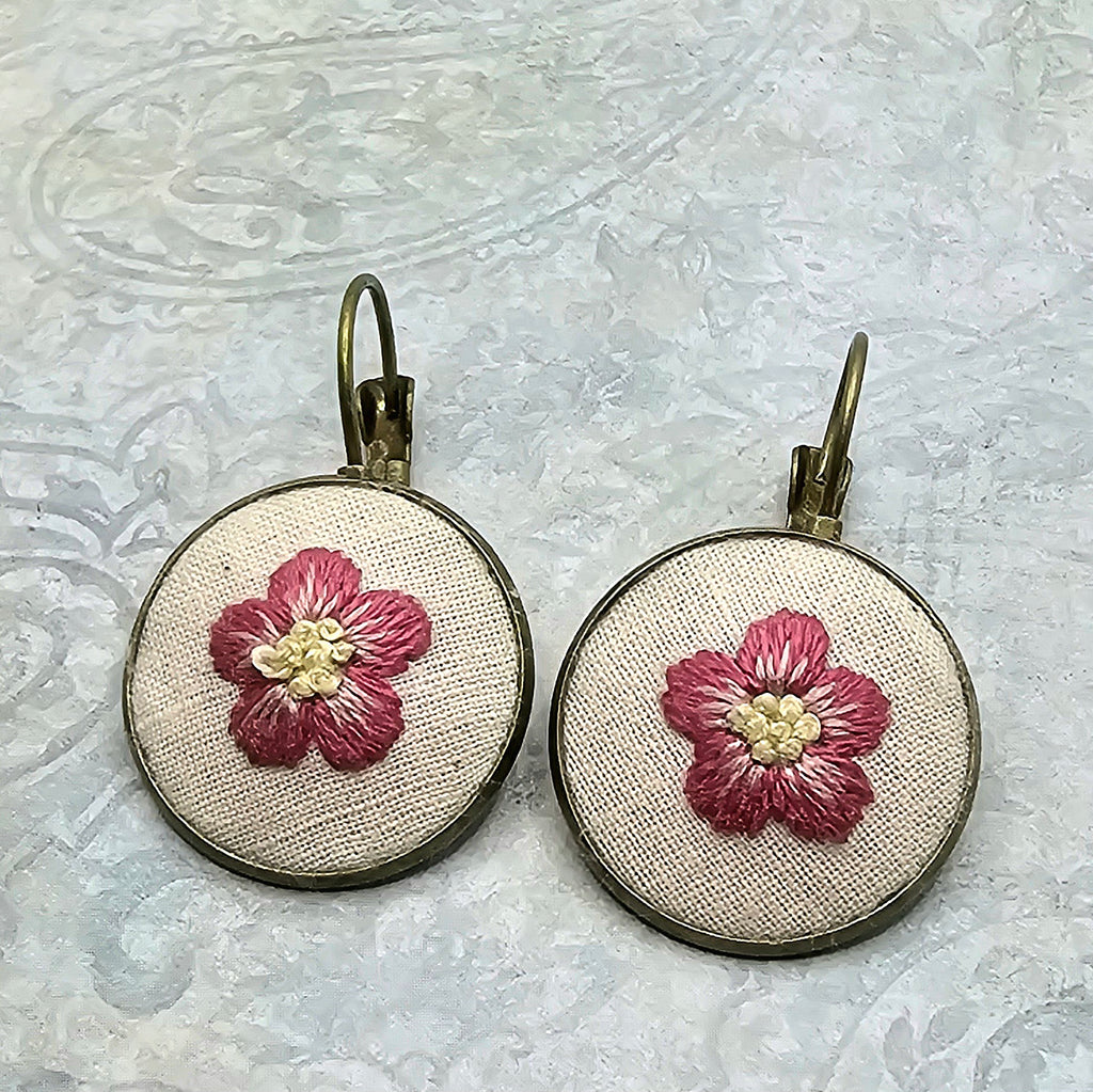 Pink/Yellow Flower Earrings - Brass - Hand Embroidery