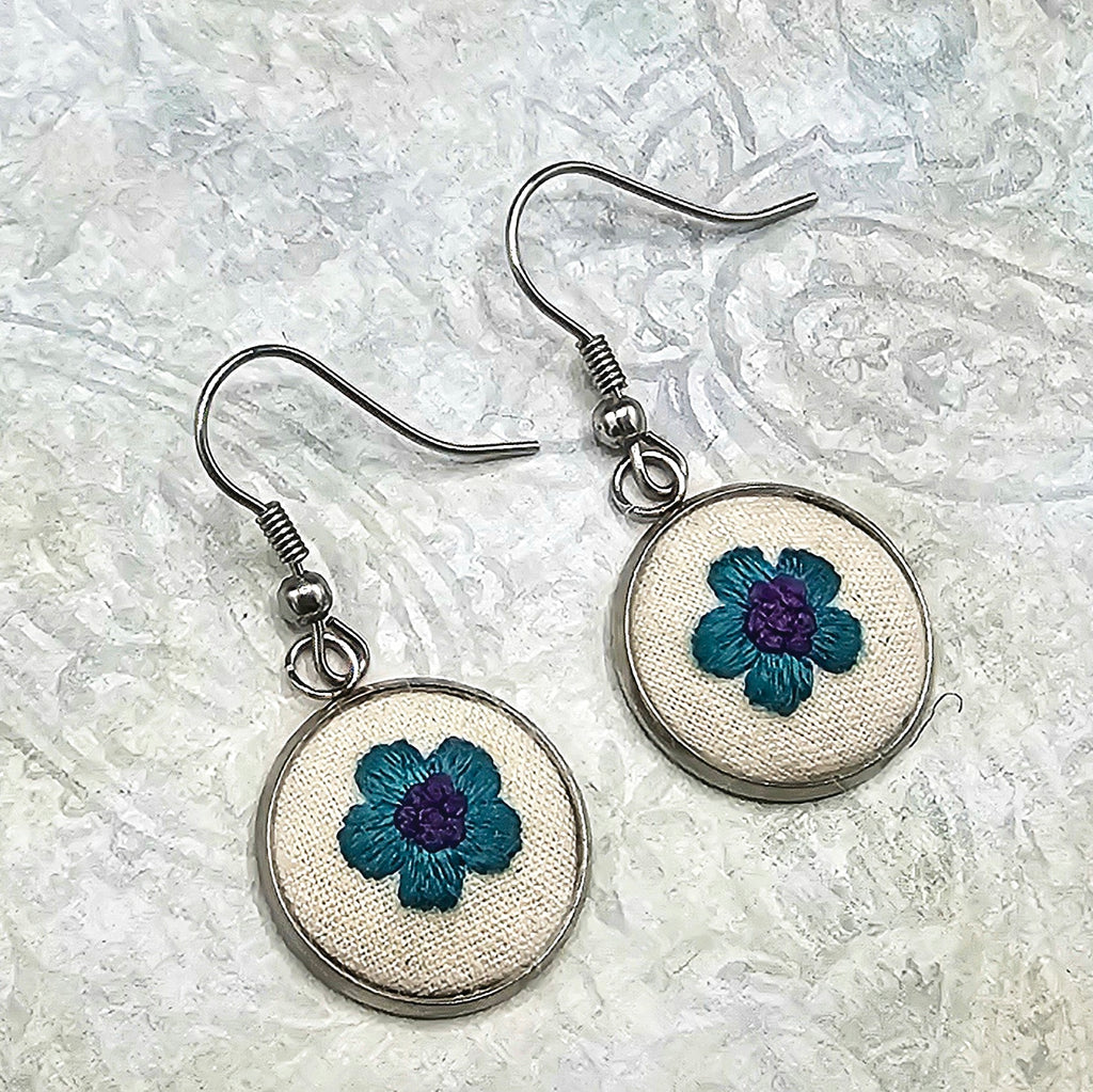 Flower Earrings - Teal/Purple - Silver - Hand Embroidery