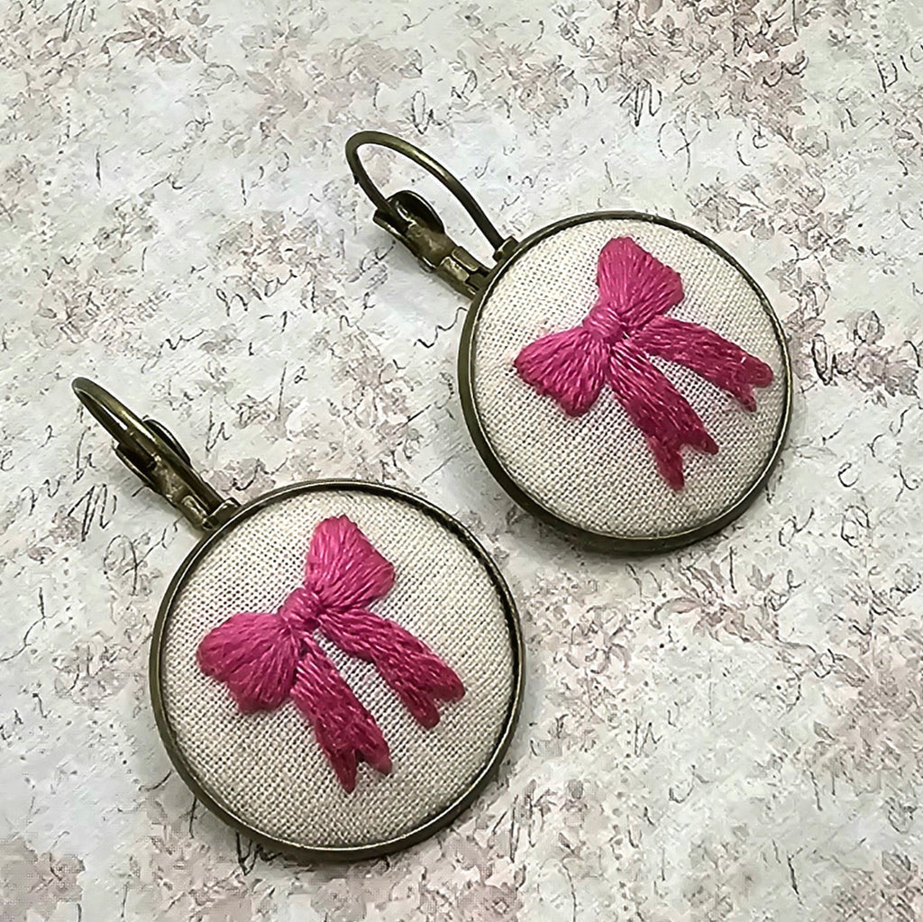 Pink Bow - Brass - Earrings - Hand Embroidery