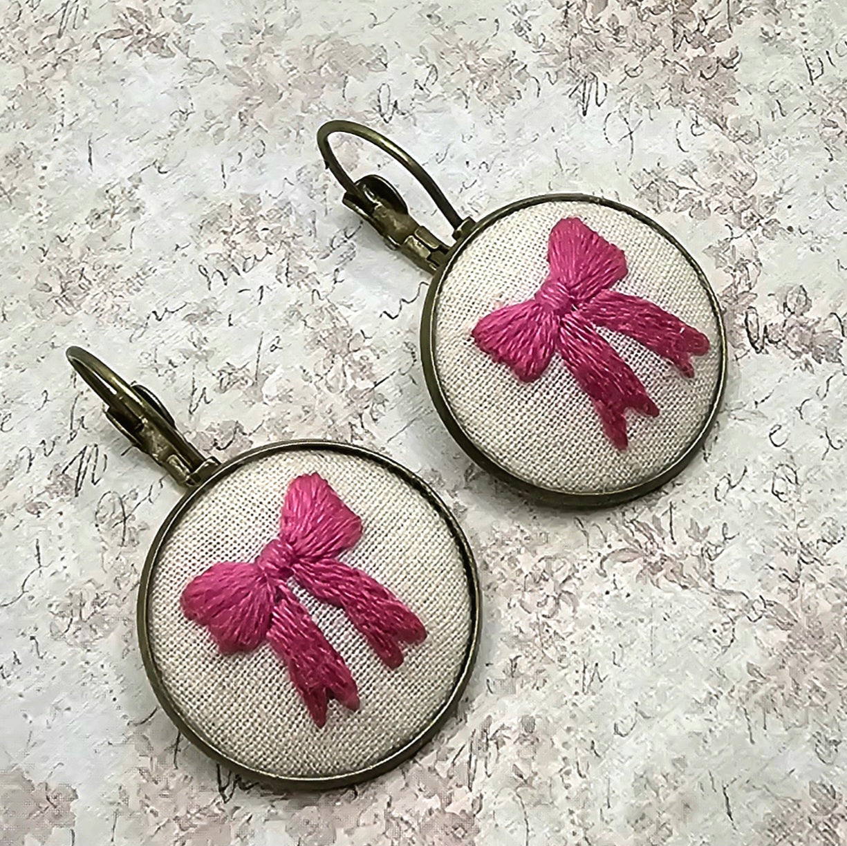 Pink Bow - Brass - Earrings - Hand Embroidery