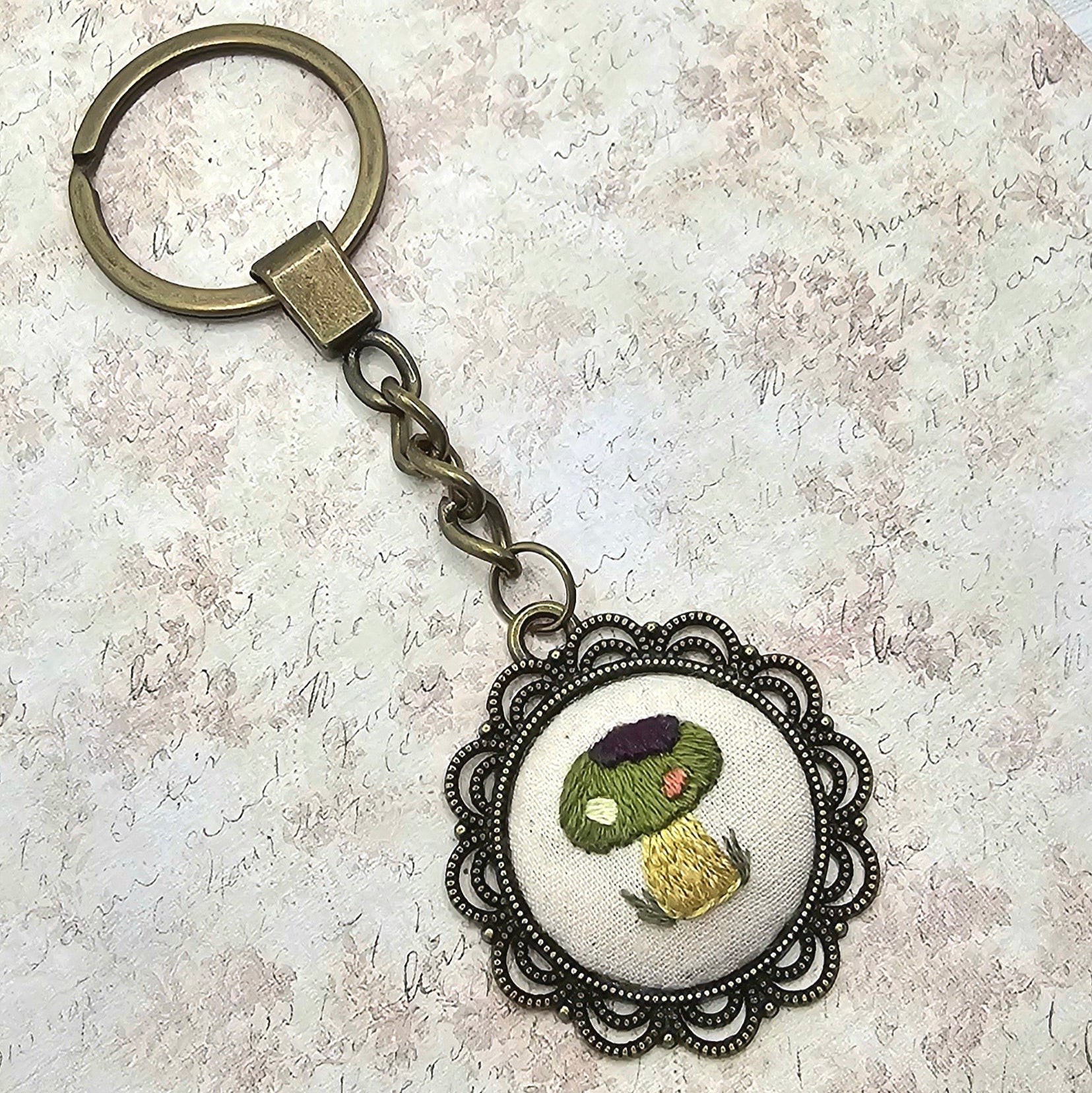 Mushroom Keychain - Brass - Hand Embroidery