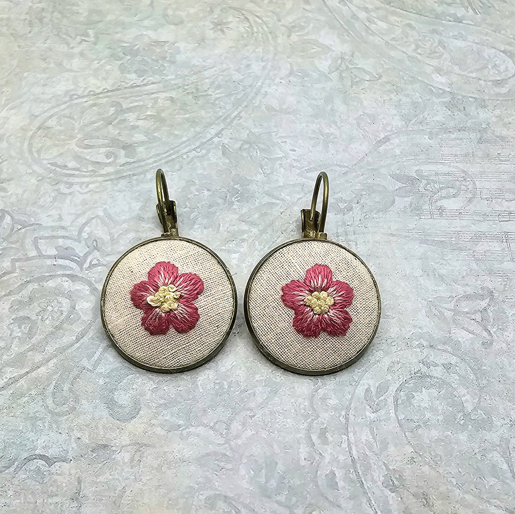 Pink/Yellow Flower Earrings - Brass - Hand Embroidery