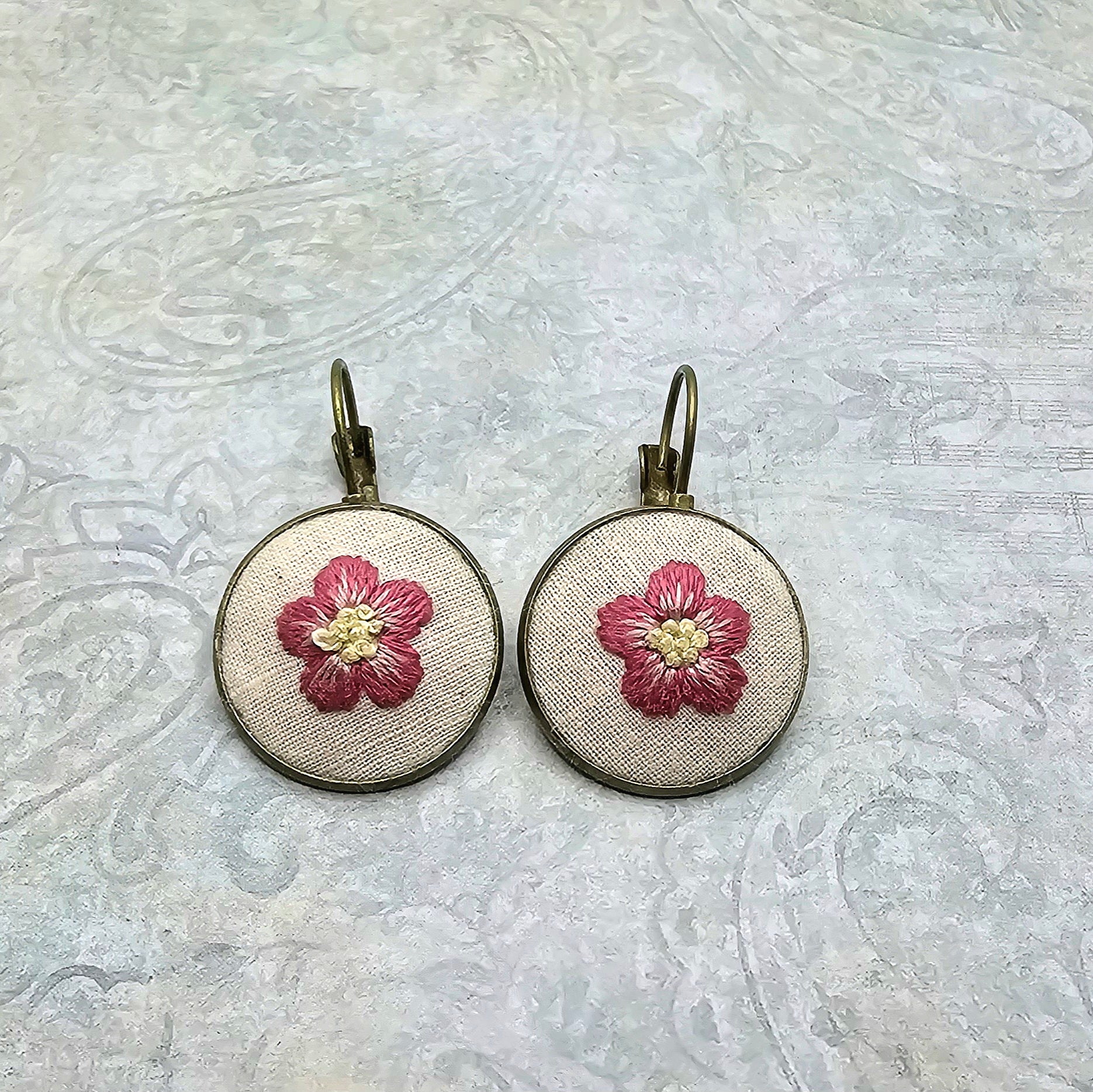 Pink/Yellow Flower Earrings - Brass - Hand Embroidery